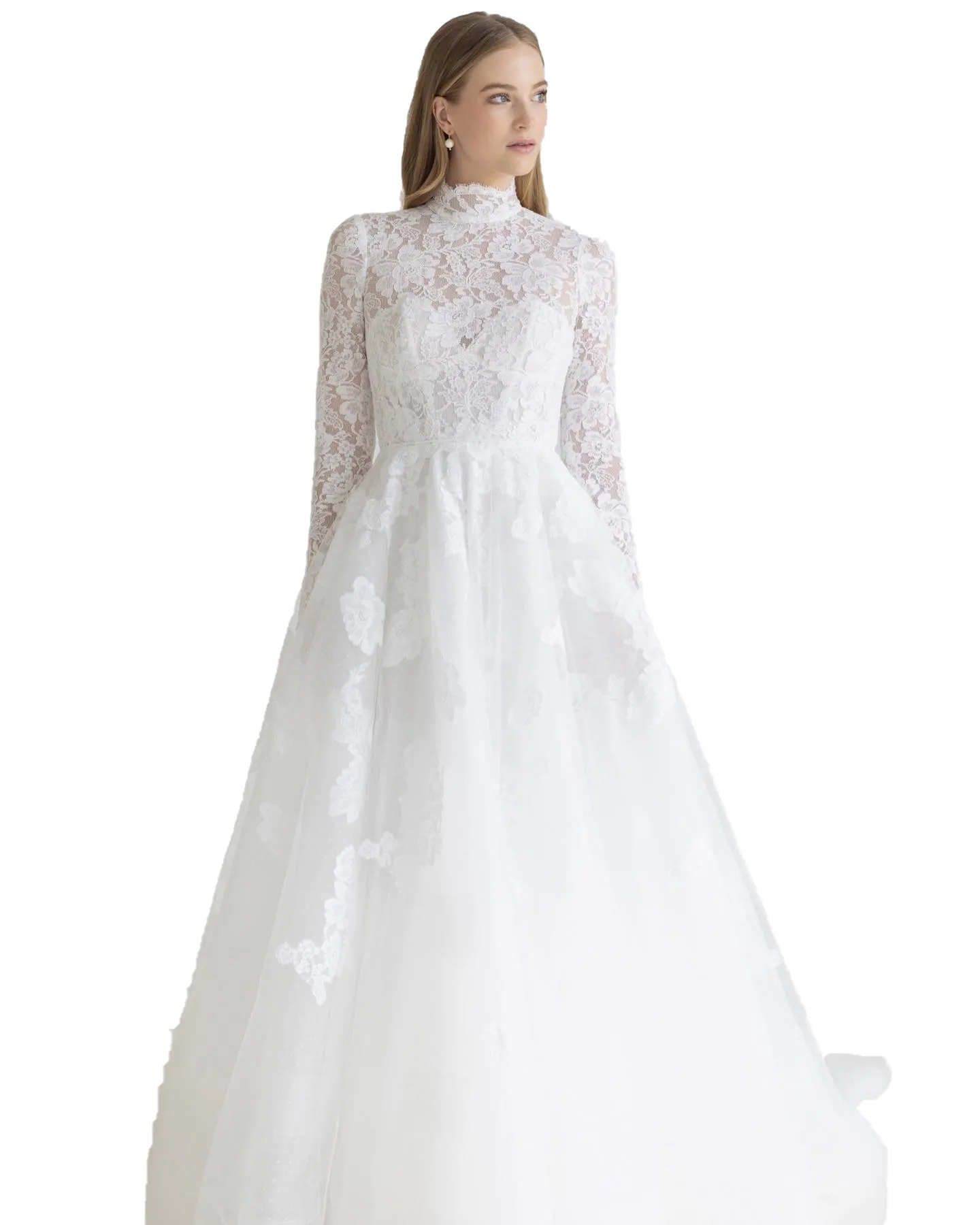 Vintage Royal High Neck wedding dress with Long Sleeves, Arbor Lace, A-Line Design, Mock Neck, Chapel Train, and Open Back - Perfect for Garden or Vintage Royal High Neck wedding dress with Long Sleeves, Arbor Lace, A-Line Design, Mock Neck, Chapel Train, and Open Back - Perfect for Garden or
