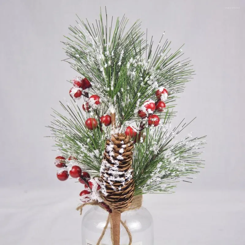 Декоративные цветы искусственные замороженные сосновые иголки ветви 6 ПК рождественские красные ягоды стебли с конусом домашний сад декор