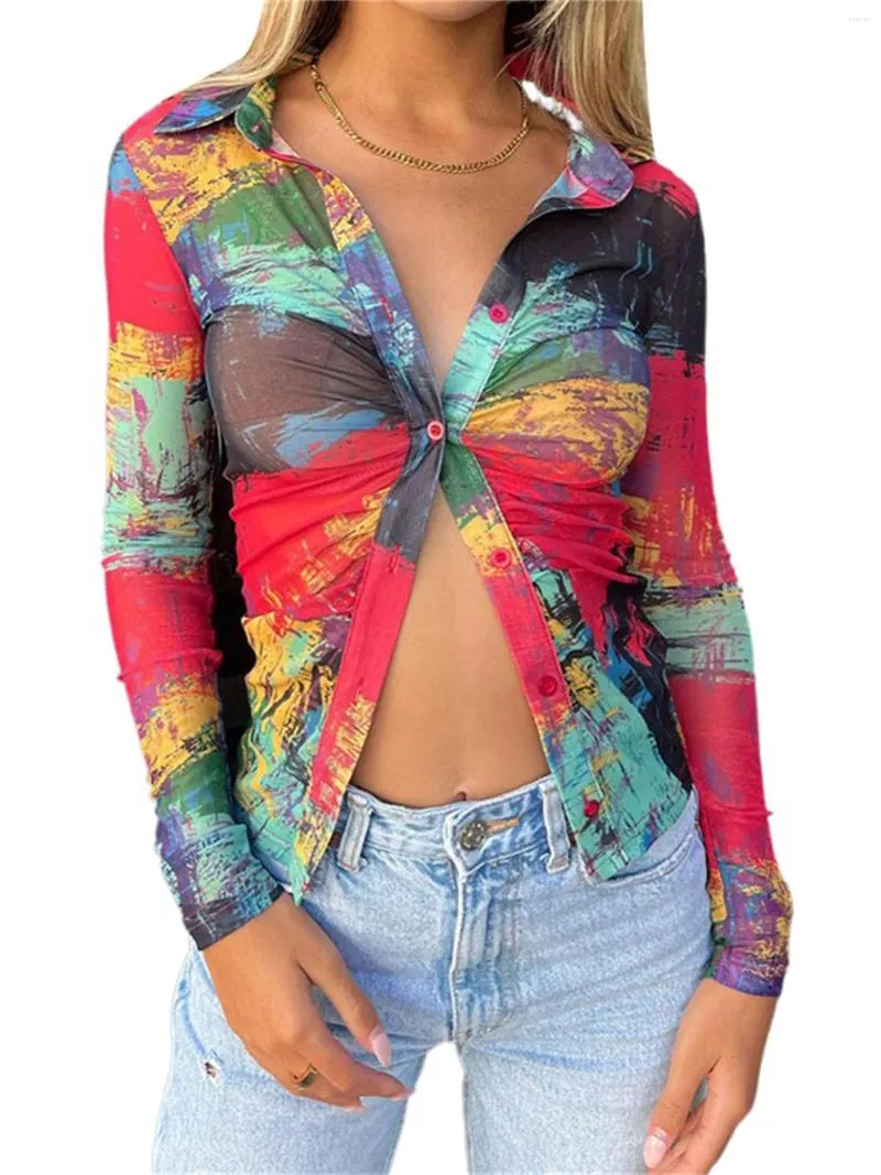 Chemisiers pour femmes Chemises à revers froncés sur le devant à manches longues Col en V Tie Dye Print Tops boutonnés