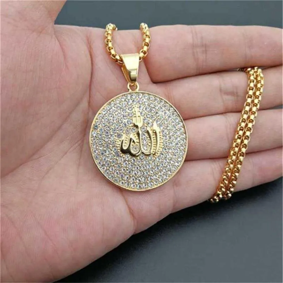 Hip Hop Glacé Rond Pendentif Collier En Acier Inoxydable Islam Musulman Arabe Or Couleur Prière Bijoux Goutte 210929240a