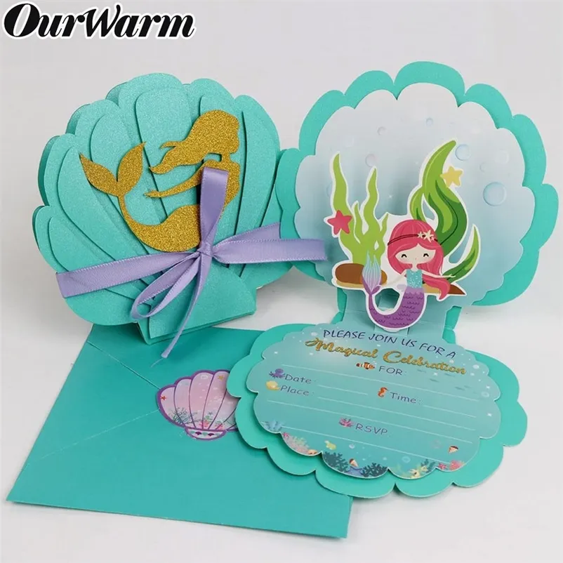 Cartões de felicitações OurSwarm 6pcs Mermaid Party Invitations Pool Supplies Kids Birthday Baby Chused Wedding Favor 220919