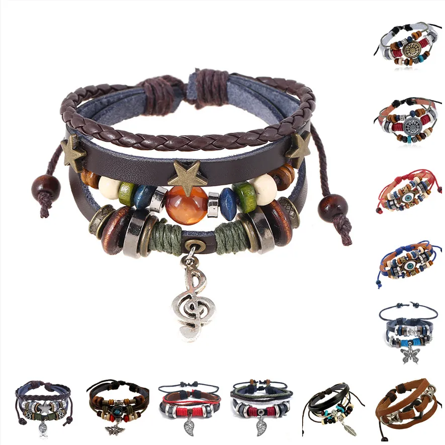 Bracciale da uomo regolabile personalizzato con ciondolo a forma di nota musicale punk vintage della Boemia, corda multistrato, perline multicolori, in pelle multistrato