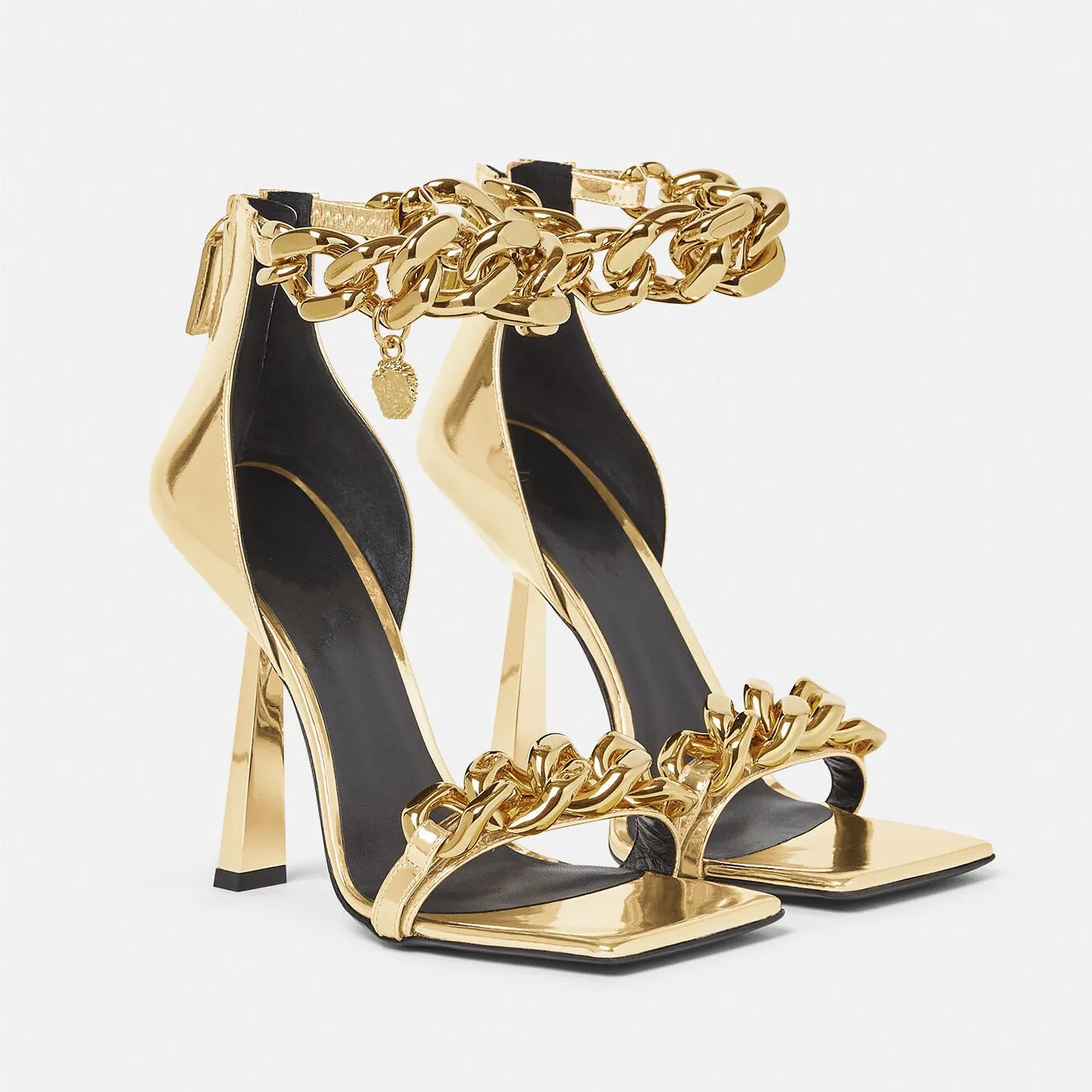 Mulheres vestidos sapatos de salto alto designer feminino bombas de couro genu￭no lady sand￡lias Chain Gold Chain 9.5cm