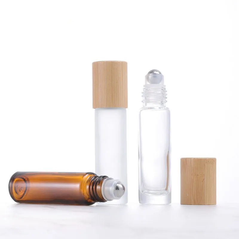Bouchon en bambou 10 ml rouleau sur bouteille en verre parfum parfum bouteilles d'huile essentielle avec rouleau à billes en acier inoxydable