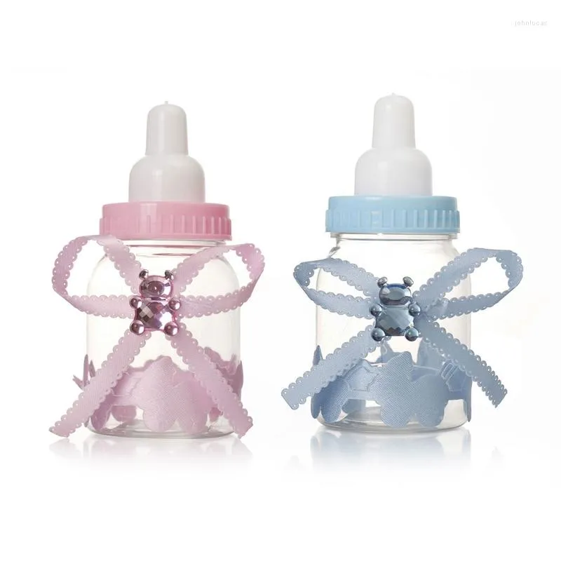 Gift Wrap Cute Plastic Milk Bottle Candy Boxes 12pcs Clear Bow Packaging Box Set For Baby Shower Christening Wedding Birthday Party