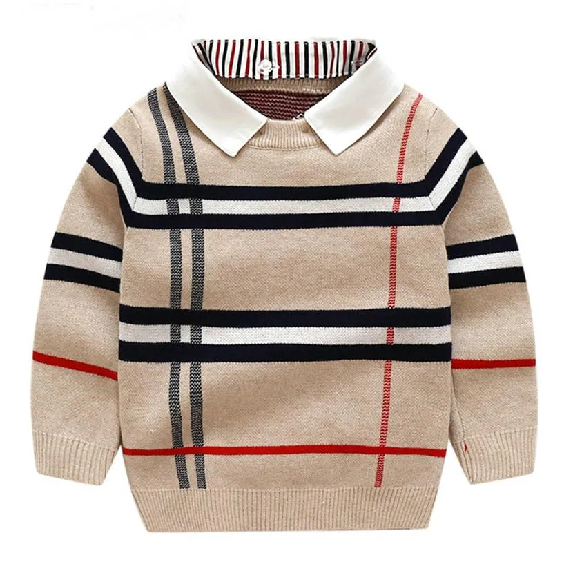 Sweaters para niños Autumn a cuadros para niños suéter de niño manga larga falso de dos piezas