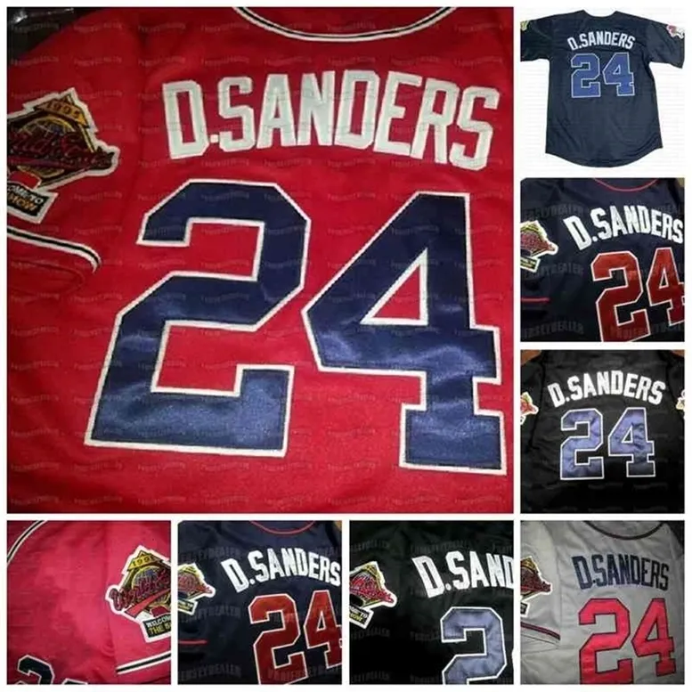 GlaC202 24 Deion sanders DUAL PATCH Baseball Jersey Altanta 1995 Wrold Series Custom Jerseys All Stitched Black Red White Grey