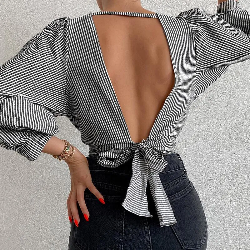 Women's Blouses Women's & Shirts Women Tie-up Open Back Shirt Striped Pattern Lantern Sleeve Deep V-neck Slim Crop Tops Sexy Streetwear