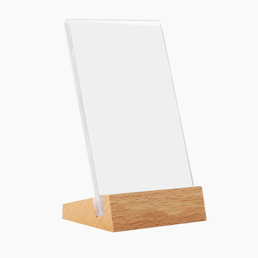 Retail fournit en plastique acrylique L cat￩gorie de support ￉tiquette de cartes d'affichage Signe du support de table de base en bois Promotion publicitaire 2pcs