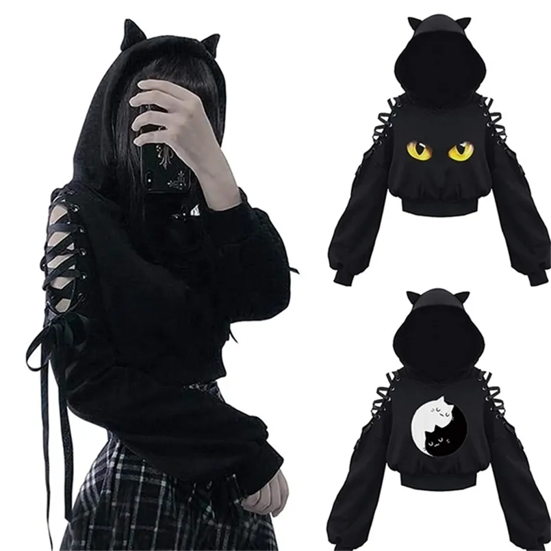 Dames Hoodies Sweatshirts Dames Hoodies met lange mouwen Kawaii Kat Oren Hoodie Gothic Punk Harajuku Koude Shouler Bandage Gothic Zwarte Sweatshirts 220919