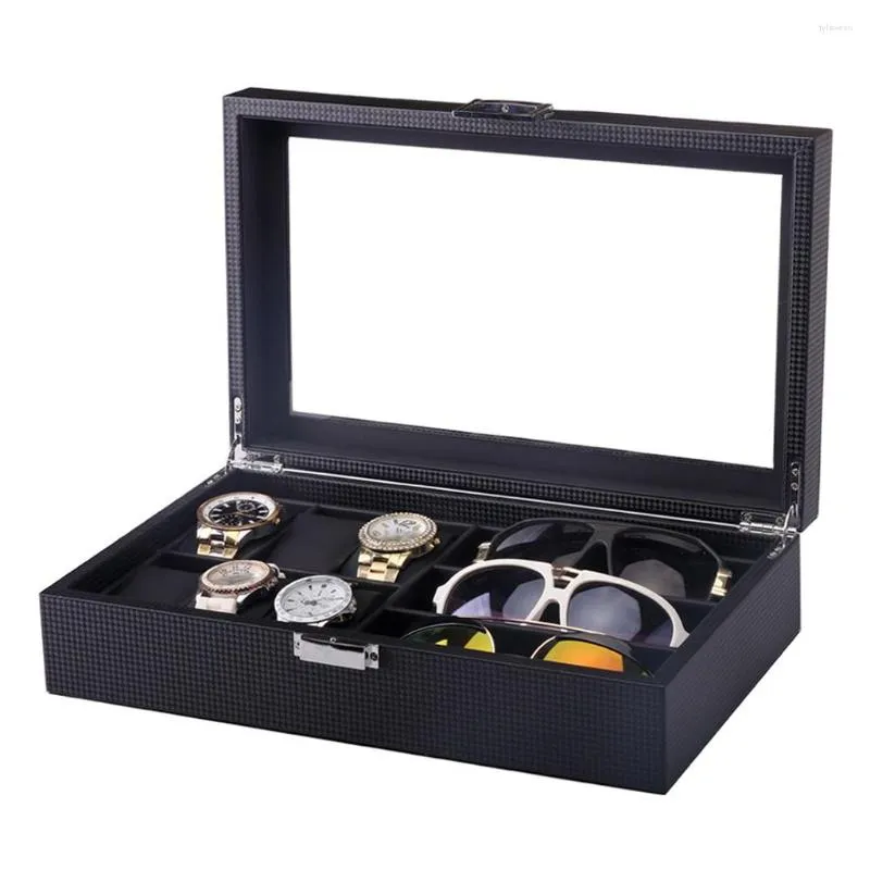 Uhrenboxen, 9 Fächer, Uhren, Brillen, Schmuckschatulle, PU-Lederetui, klare Glasplatte