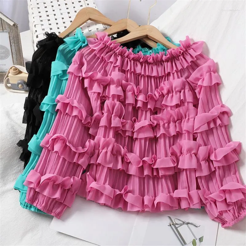 Kvinnors blusar Kvinnors 2022 Autumn Women Chiffon Blus Sweety Girl Short Pleated Shirt Spring Long Sleeve Blousas Basic Tops