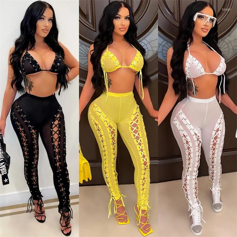 Kvinnors tvådelar byxor Grommet snörning Sheer Mesh Set 2022 Summer Women Sexig Bandage Bra Top Hollow Out Night Club Suit Tracksuit