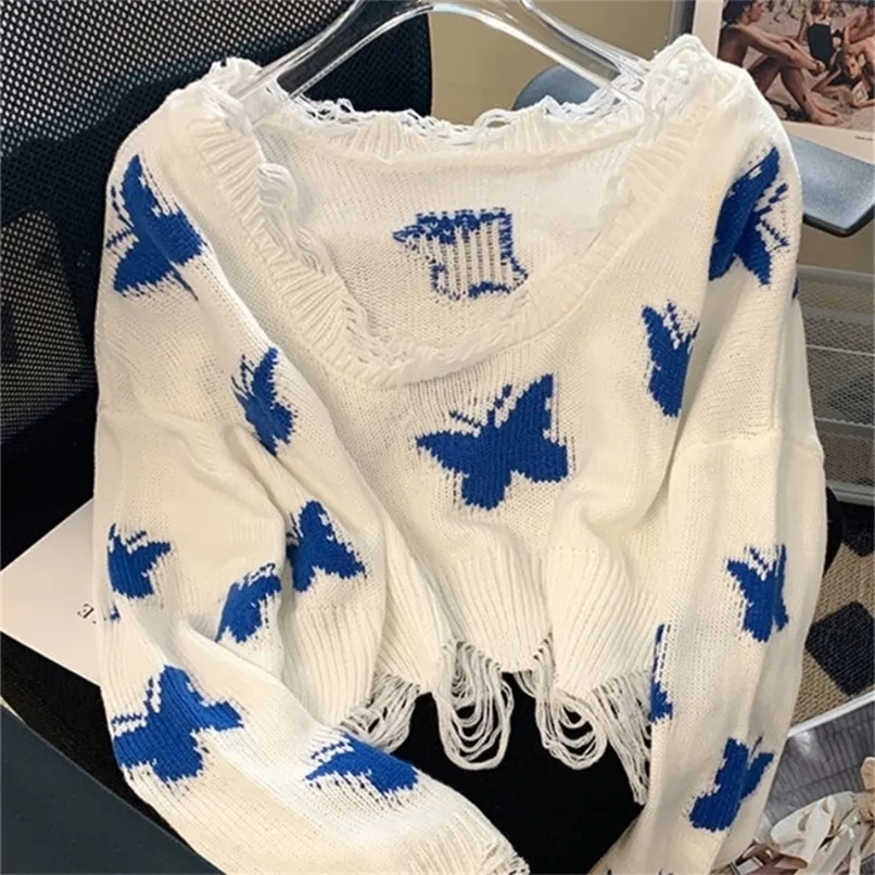 Women s Sweaters Fashion Butterfly Knitted Woman Harajuku Korean Sweet Oversized Cropped Tops Off Shoulder Casual Loose Jumper sweater 220916