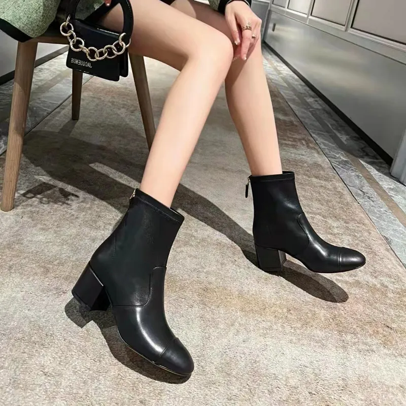 Fashion High Heel Ankle Boots Leather Back Zipper Stretch Round Toe Booties Luxury Designer Colorblock Casual Women Shoes Factory Footwear