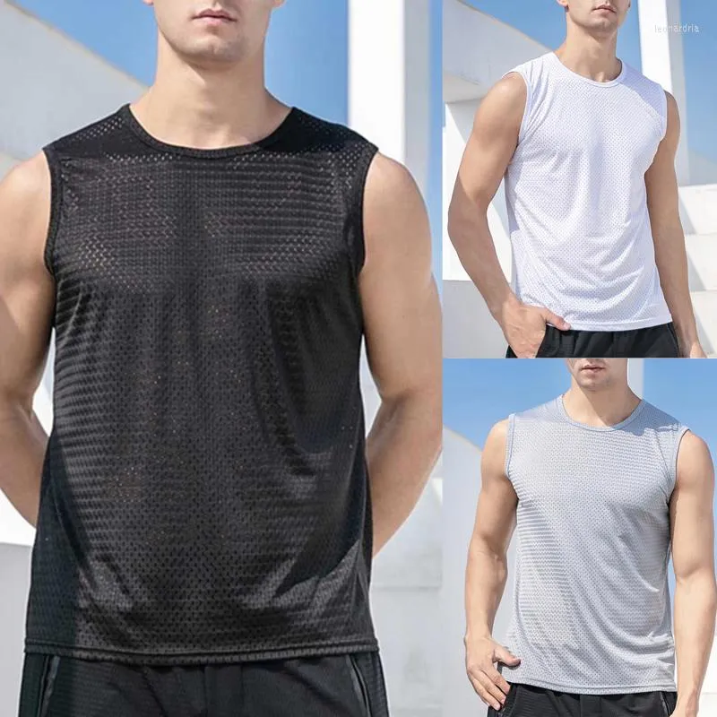 Herentanktops 2022 MESH Mouwloze mannen Gezondheid Vest Jeugd ijs Zijzilom Hollow Adembrede schouder O-Neck los