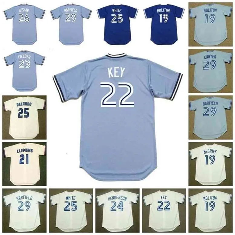 GlaC202 Maillot de baseball vintage Toronto 19 FRED McGRIFF 1990 MOLITOR 21 ROGER CLEMENS 1997 22 JIMMY KEY 1987 FIELDER HENDERSON DELGADO WHITE UPSHAW