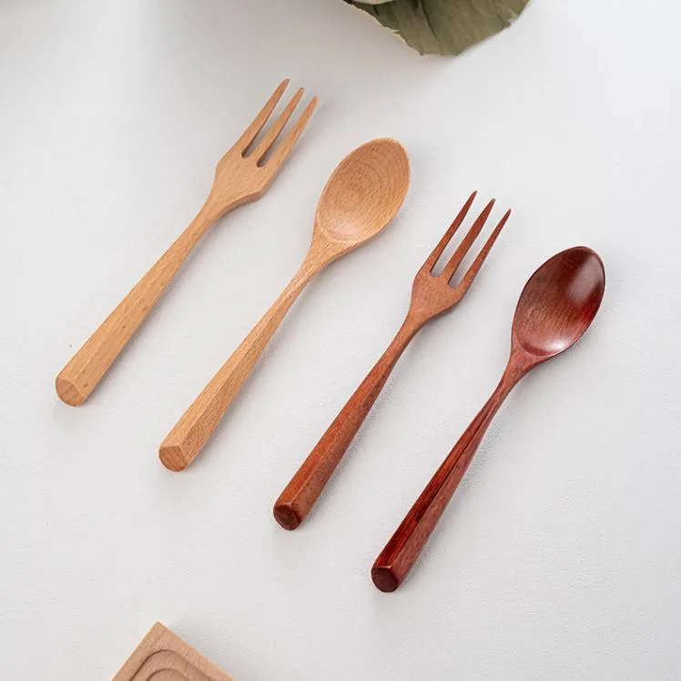 2Pcs/Set Wooden Spoon Wood Fork Dinnerware Sets Tableware Forks Teaspoon Cutlery Set Tableware-Set SN4697