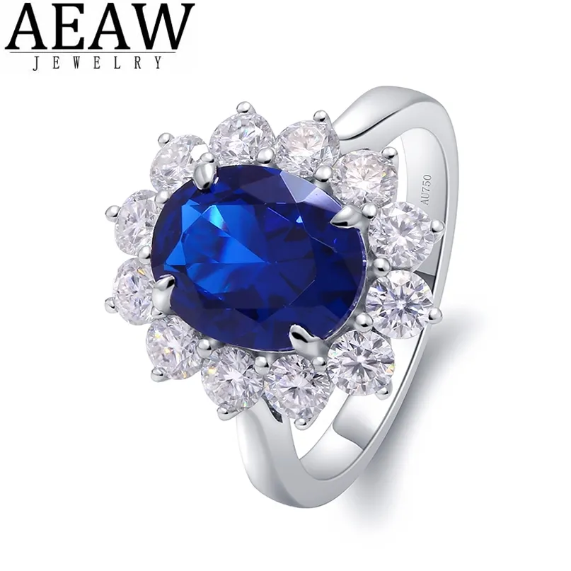 Anello solitario AEAW Genuine Woman Engagement s 8x10mm Lab Sapphire con Moissanite Jewelry Solid 14K White Gold Classic Lady 220916
