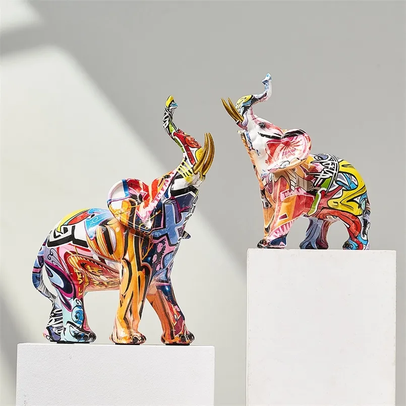 Objets décoratifs Figurines Art Coloré Éléphant Sculpture Résine Animal Statue Moderne Graffiti Maison Salon Bureau Esthétique Cadeau 220919