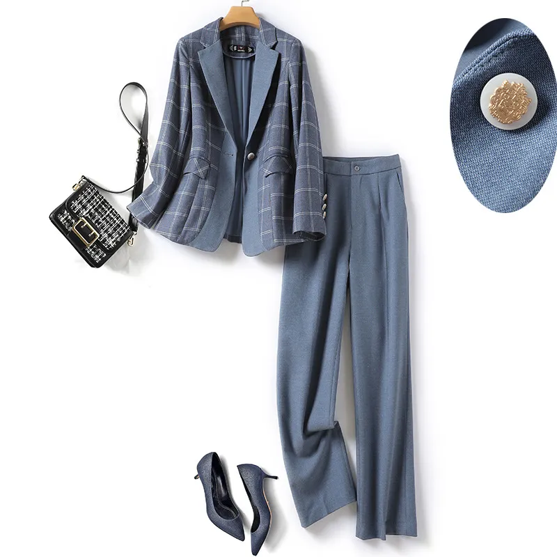 2022 Autunno blu scozzese pantaloni a due pezzi set manica lunga con risvolto con risvolto a pannelli blazer top pantaloni lunghi set 22S156657