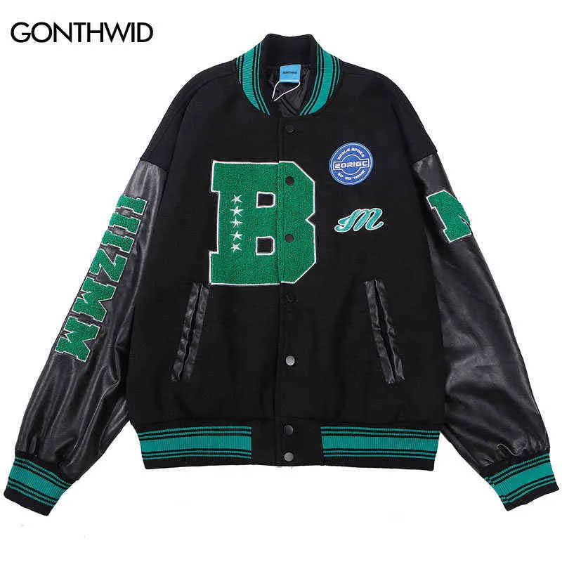 Vestes pour hommes Veste de baseball vintage Hip Hop Lettre de broderie Bloc de couleur Cuir Patchwork Bomber Manteau 2022 Harajuku Streetwear Vestes T220914