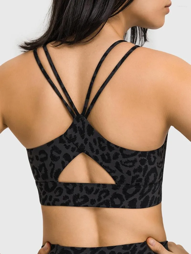 Yoga -outfit Nepoagym Women Leopard Sports Bras Dubbele strappy Back Cutout Workout Bra Medium Ondersteuning voor fitness Gym Running