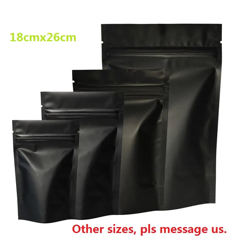 Heat Seal Rits Pakket Zakken Aluminiumfolie Mylar Tear Notch Matte Black Stand Up Bag Groothandel 18cm x 26cm