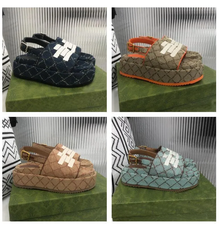 Lyxiga kvinnor Platform Sandal Ankel Justerbart spänne Loafers Canvas övre Läder Trim Designer Tofflor