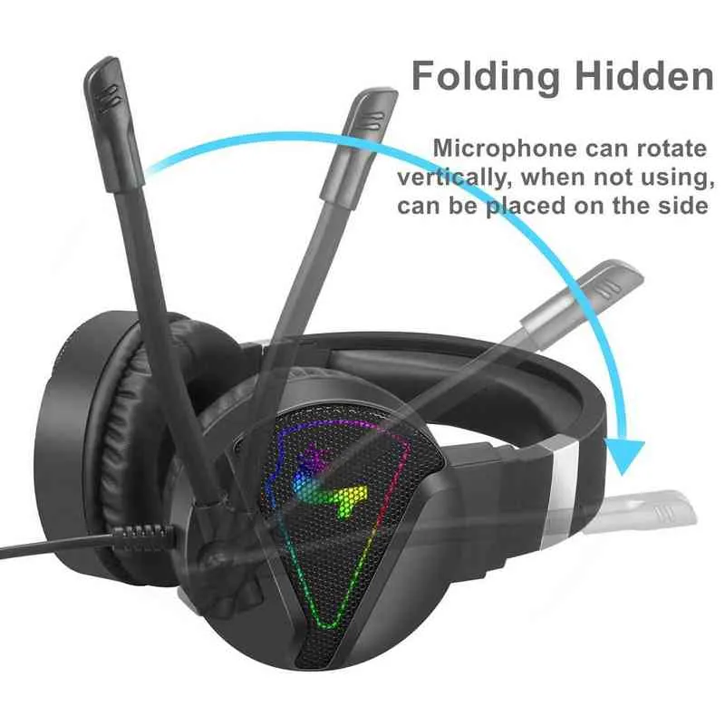 QMEOW Gaming Headset LED Wired Headphones with HiFi 4D Stereo and Folding Microphone for PC Laptop Online Classes and Gaming