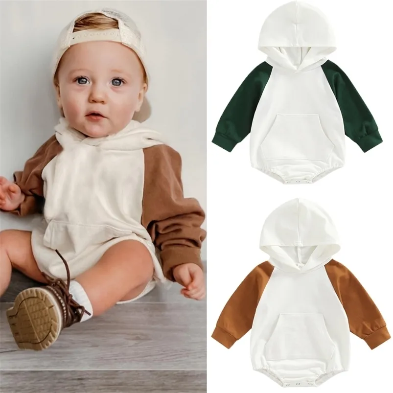 Rompers FOCUSNORM 4 Colors Autumn Spring Baby Girls Boys Cute Romper Long Sleeve Patchwork Hooded Button Pocket Sweatshirt Jumpsuits 220919