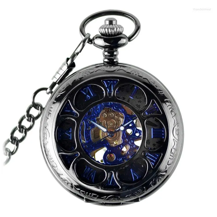 Pocket horloges zwart bloembladen blauw gezicht mechanisch horloge retro flip hollow heren en dames