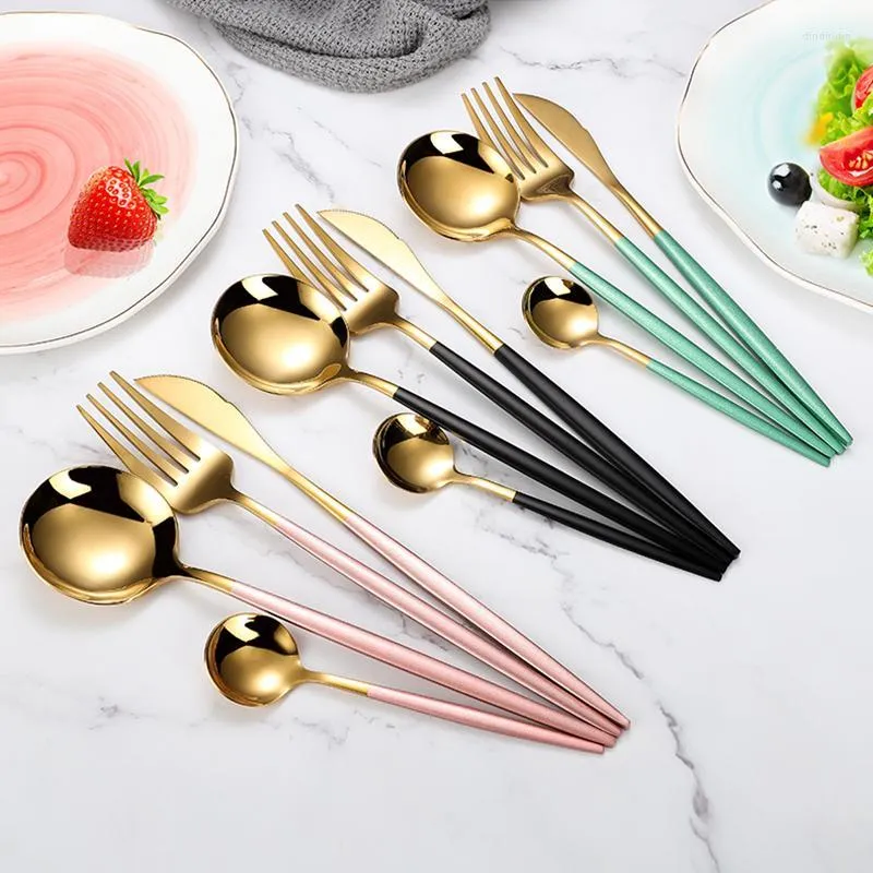 Dinnerware Sets 4Pcs/set Black Gold Cutlery Set 18/10 Stainless Steel Silverware Flatware Dinner Knife Fork Spoon DropDinnerware