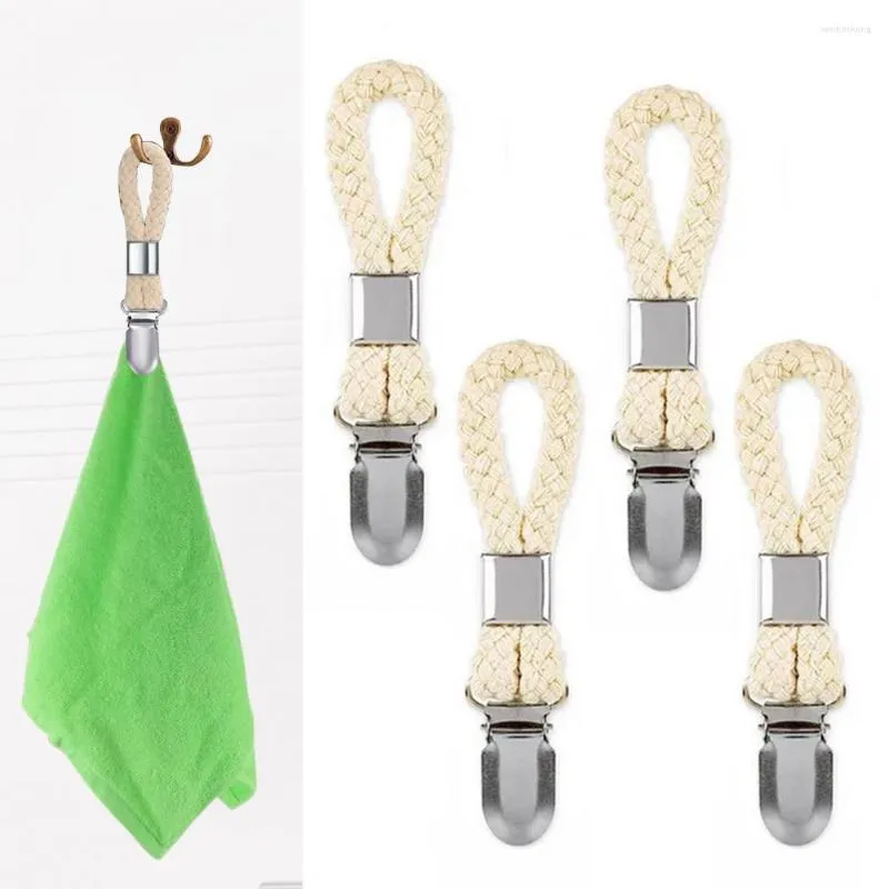 Conjunto de acessórios de banho 4pcs Clip de toalha de algodão trançado com grampo de metal cabide de pano multiuso para a cozinha do banheiro de casa