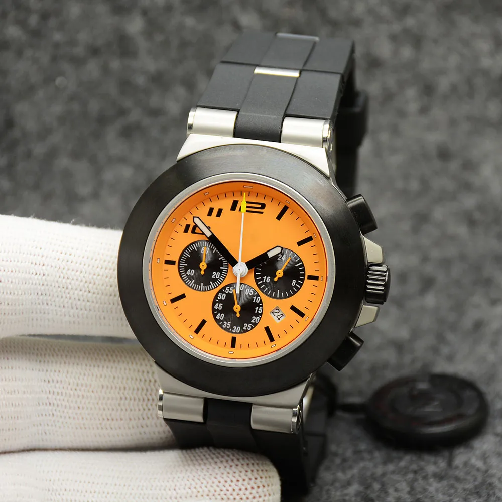 Quartz chronograaf saffierglas oranje wijzerplaat 44M herenhorloge rubber beklede logo letter bezel lichtgevende beperkte wijzerplaat rubber