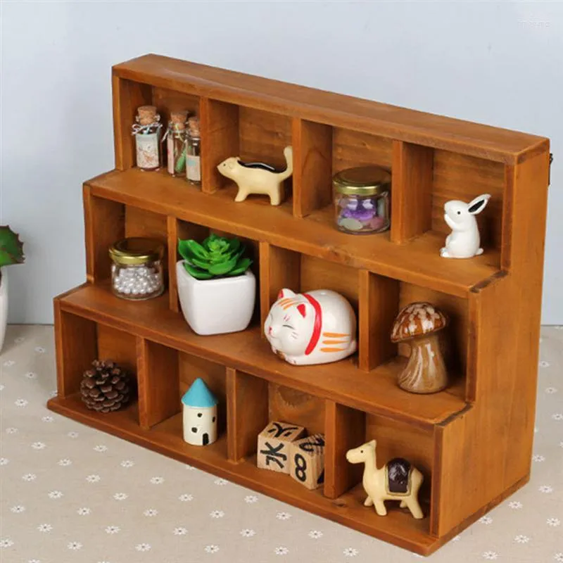 Hooks Wooden Storage Rack 12 Case Stair Cabinet Desktop Store Shelf Vintage Organizer Wall Hanging