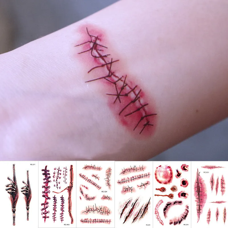 Adesivo per tatuaggio temporaneo con cicatrici spaventose di Halloween Adesivi per tatuaggio convenienti istantanei impermeabili per la decorazione di Halloween