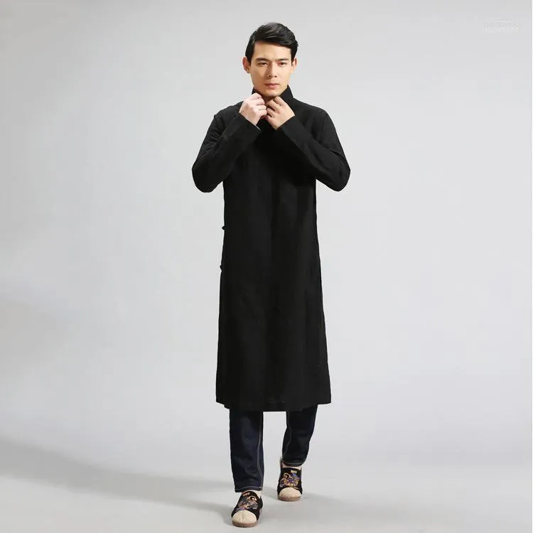 Vestes pour hommes Hommes Casual Hommes Style chinois Robe Solide Couleur Coton Lin Veste Longue Conception Manuelle Manteau Lâche Mâle Épaule Bouton