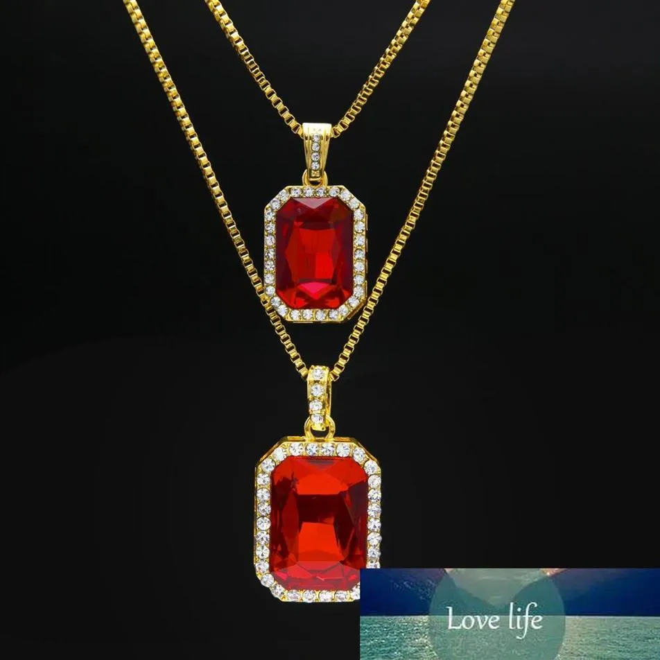 2pcs Ruby Necklace Set Silver Gold Plated Iced Out Square Red Bling Rhinestone Pendant Necklace Hip Hop Jewelry Box Chain263T