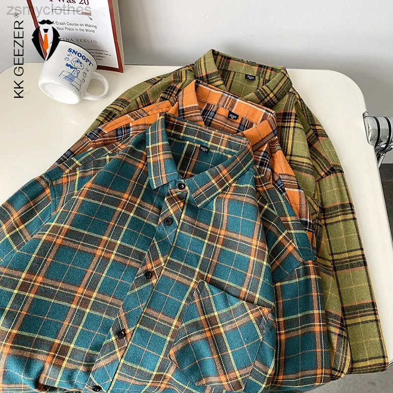 Mężczyźni Plaid Flanel Long Rękaw plus luźne modnie uliczne Hip Hop Męs