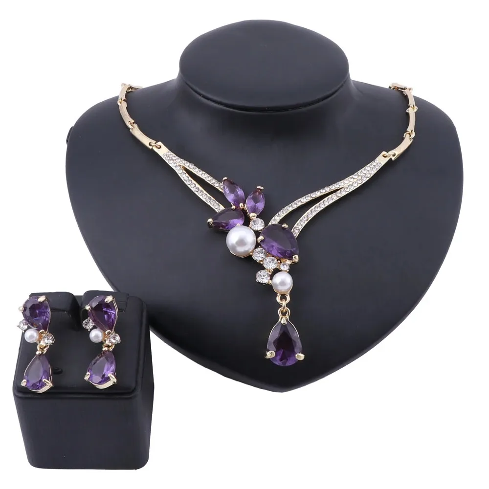 Women's Imitation Pearl Crystal Gold Color Necklace Earring Wedding Bridal Accessories Gifts Jewelry Set