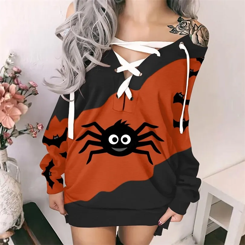 Kadınlar İçin Sıradan Elbiseler Cadılar Bayramı Baskıları Sweatshirt Omuz Strappy Uzun Kollu Gevşek Kadın Artı Beden Kolları 220919