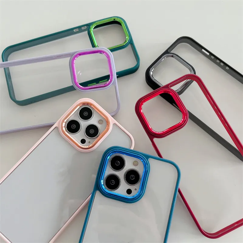 Voor iPhone 15 telefoonhoesjes gegalvaniseerde metalen lens transparante covers 14 plus 13 12 11 Pro Max Mini Xr Xs X plating mobiele achterkant helder hoesje fabrieksprijs