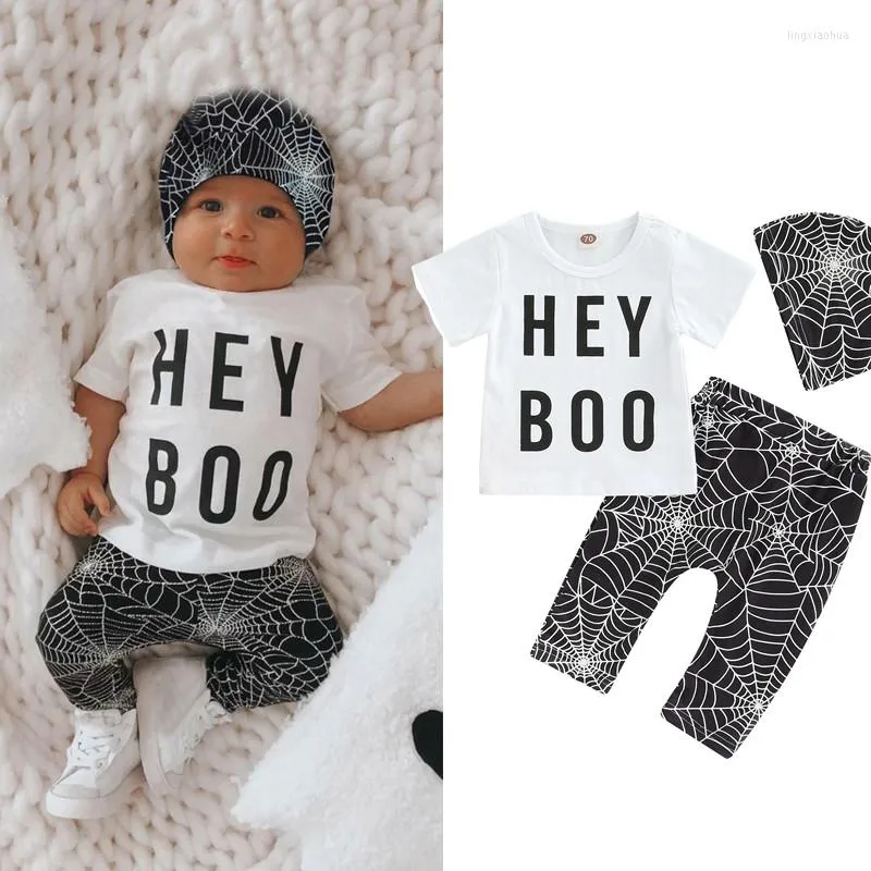 Conjuntos de roupas 0-24 meses para meninas 3Pieces Definir letra de carta impressa calças da web hat halloween roupas de halloween