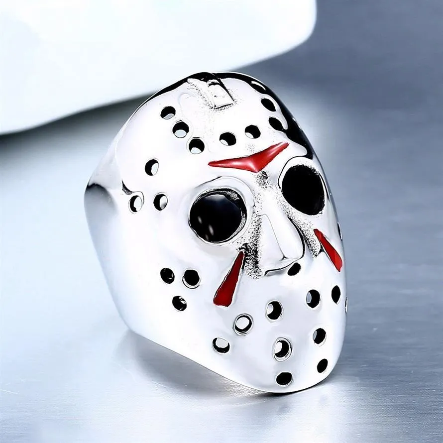 Hombres anillo 316l Titanium Steel Biker Jason Voorhees Mask de hockey con joyer￭a de anillo antiguo de color rojo Tama￱o 7-14#298P
