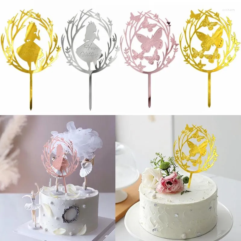 Forniture festive Happy Birthday Cake Topper Lovely Gold Silver Girl Butterfly Toppers in acrilico Decorazioni per dessert per feste Baby Shower