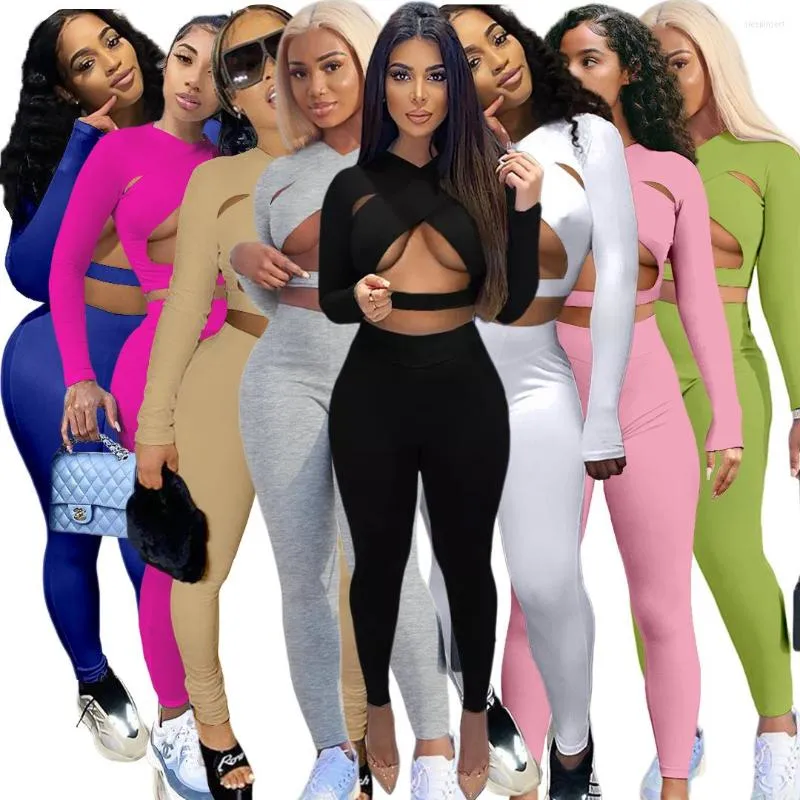 Kvinnors tv￥delar byxor h￥l ut tv￥delar Set Women Sexig Crop Top BodyCon Leggings Trousers Slim Jogger Suits Lady Party Club Matching