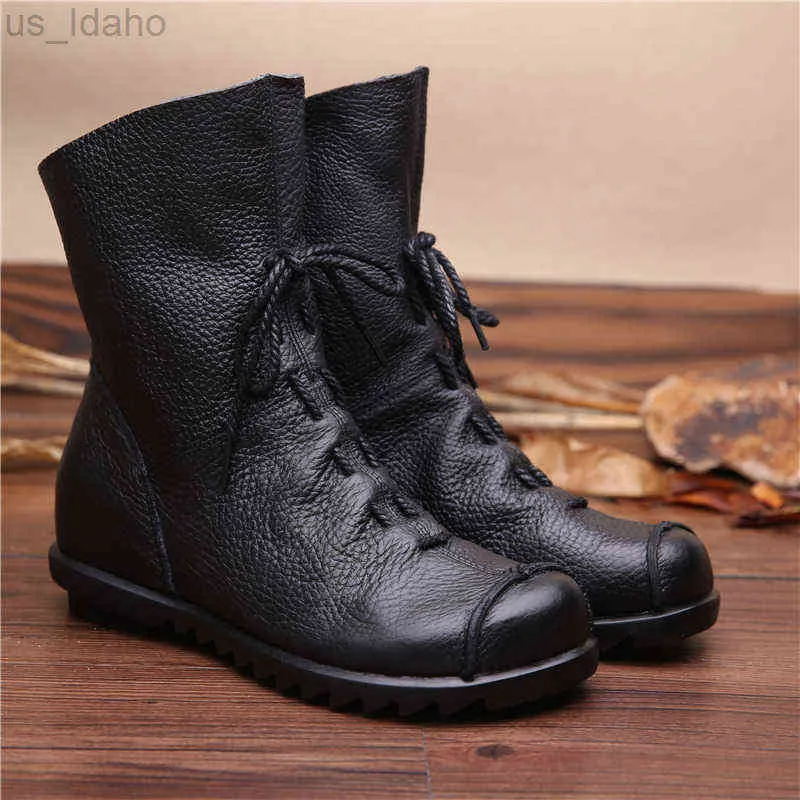 Botas 2021 Botas Femininas Genuínas Estilo Vintage Botas Planas Sapatos Femininos de Couro Macio Botas Femininas com Zíper Frontal L220920