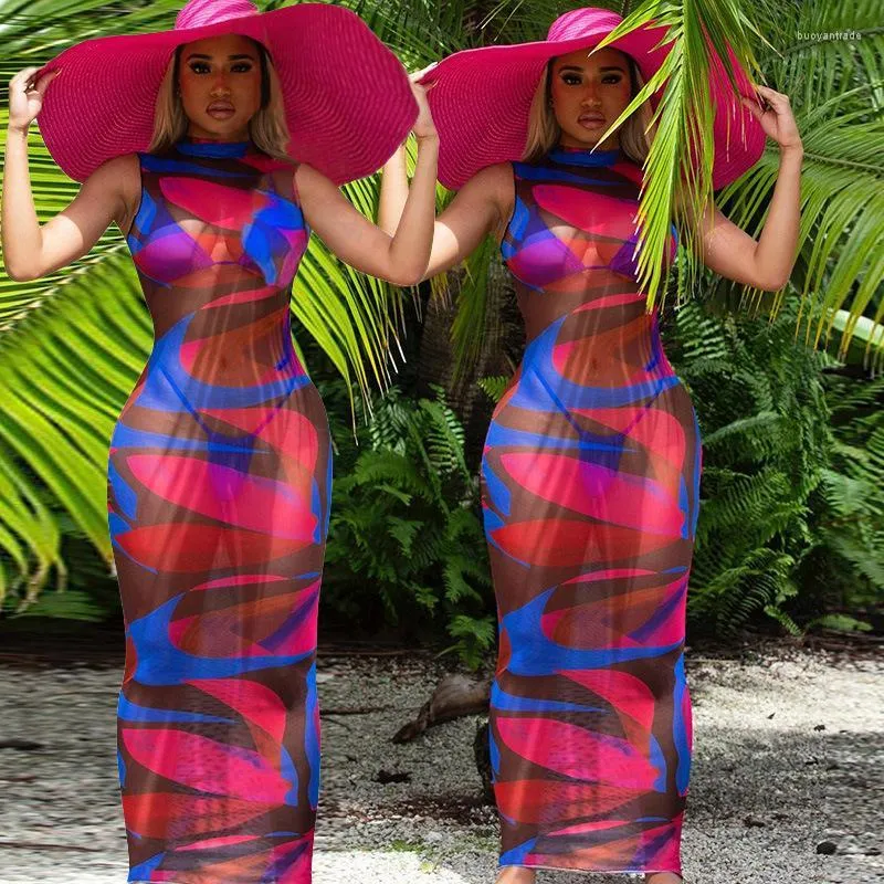 カジュアルドレスの女性のサマードレス 2022 メッシュボディコンヒョウ弾性マキシロングレディースファッションデザイナーローブ Vestido
