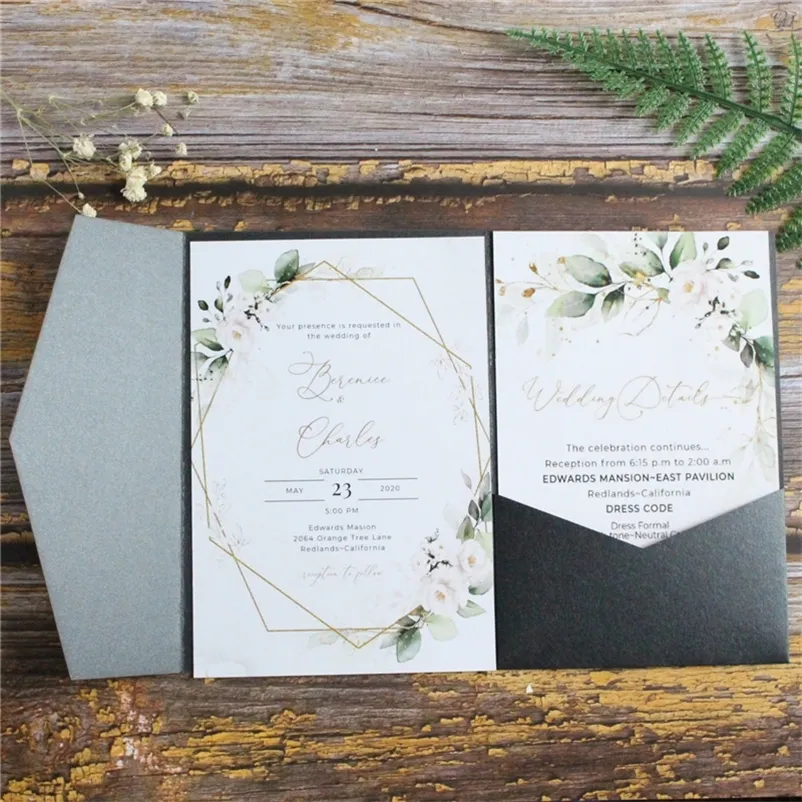 Grußkarten, schwarze Hochzeitseinladungskarte, dreifach gefaltet, im Taschenformat, schimmernde Country-Party-Einladungen, personalisiertes Design, mehrfarbig, 220919